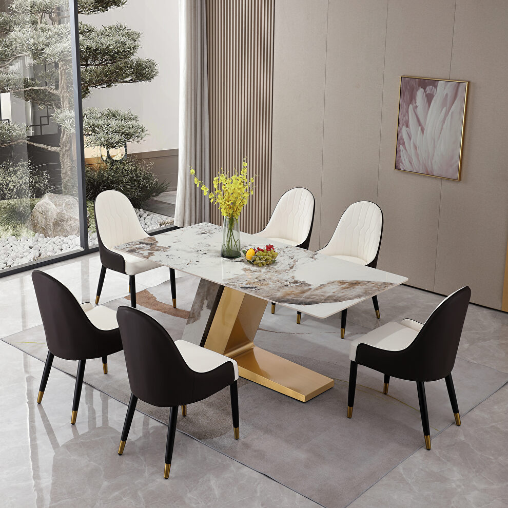 71 sintered stone top dining table z-shape pedestal base in gold finish with 6 pcs chairs by La Spezia