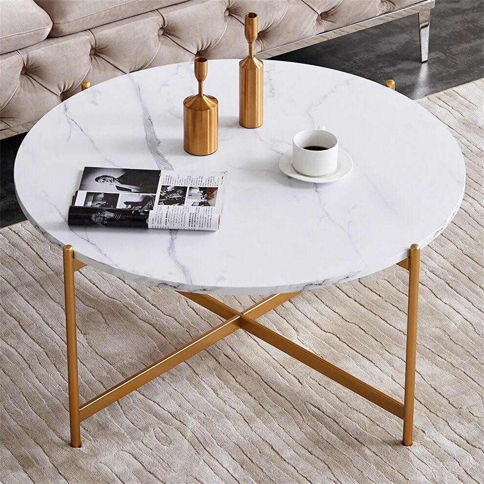 Modern round coffee table, golden color frame with marble wood top by La Spezia