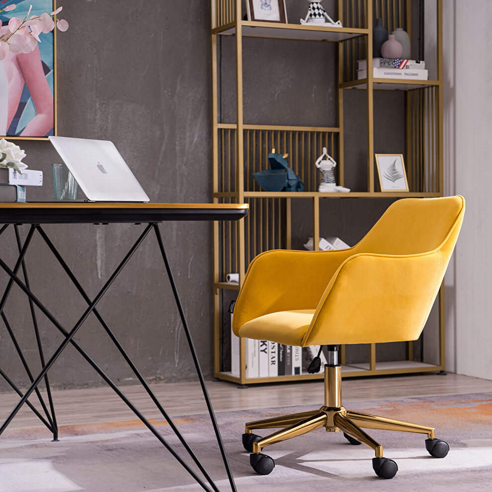 Yellow velvet fabric adjustable height office chair with gold metal legs by La Spezia