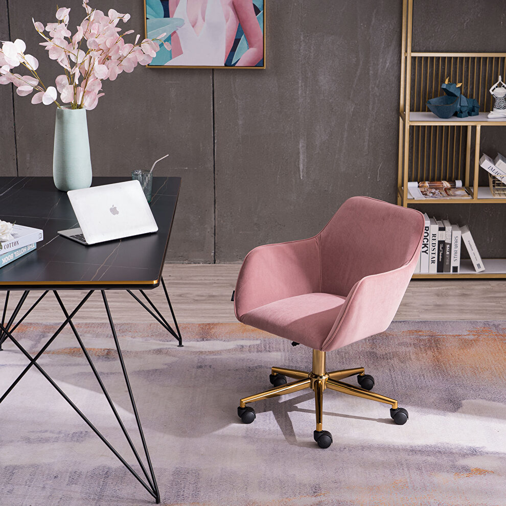 Pink velvet fabric adjustable height office chair with gold metal legs by La Spezia