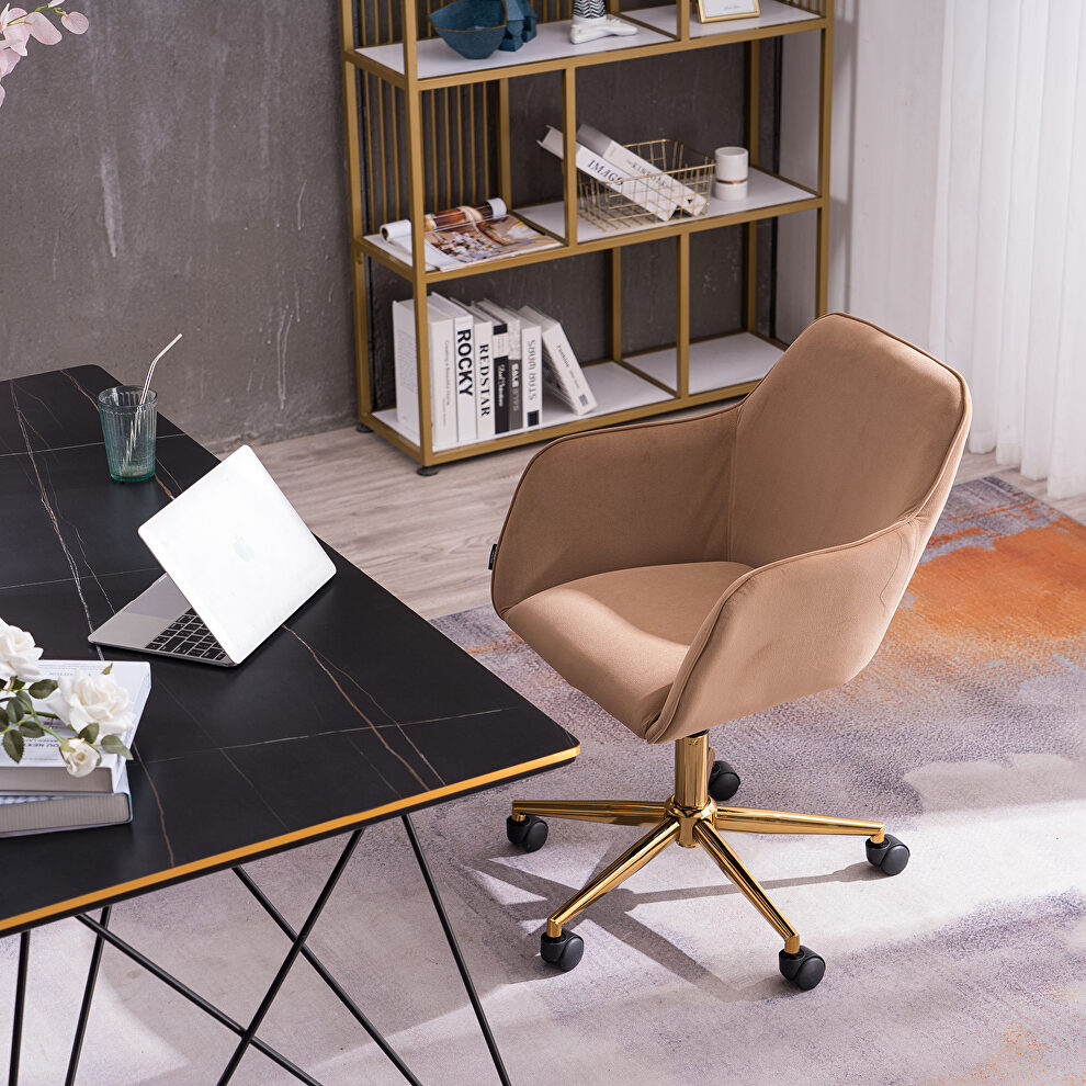 Light coffee velvet fabric adjustable height office chair with gold metal legs by La Spezia
