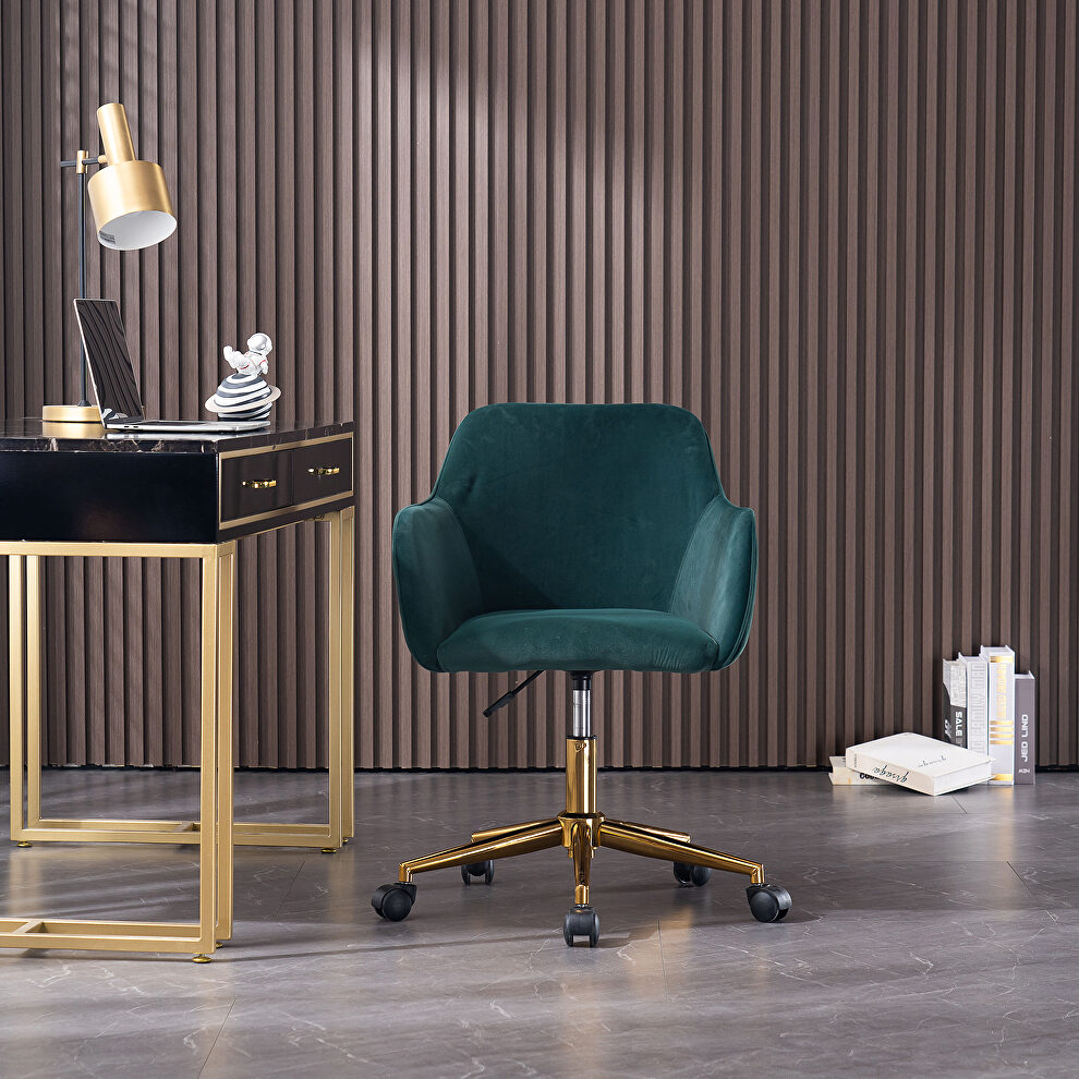Dark green velvet fabric adjustable height office chair with gold metal legs by La Spezia