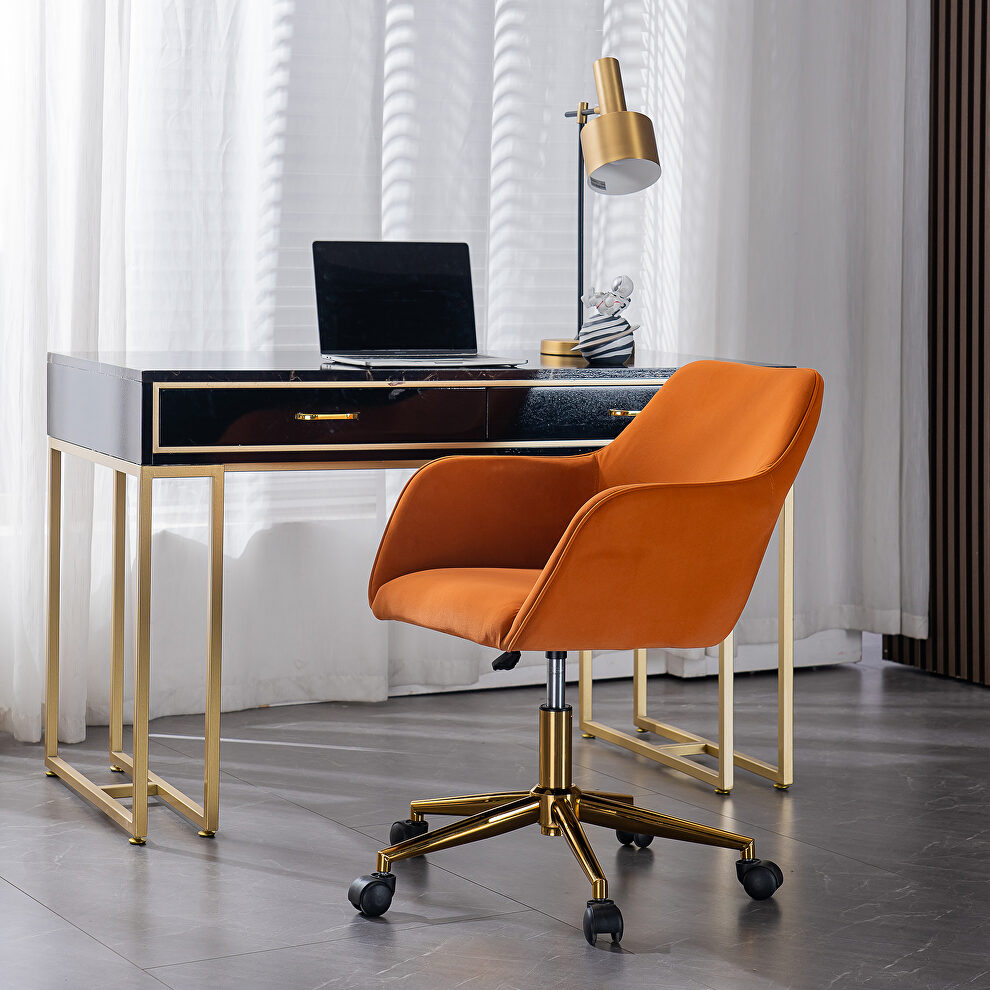 Orange velvet fabric adjustable height office chair with gold metal legs by La Spezia