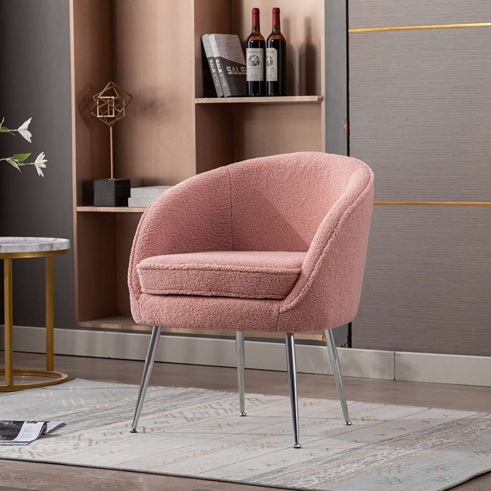 Pink soft teddy fabric accent dining chair with shining electroplated chrome legs by La Spezia