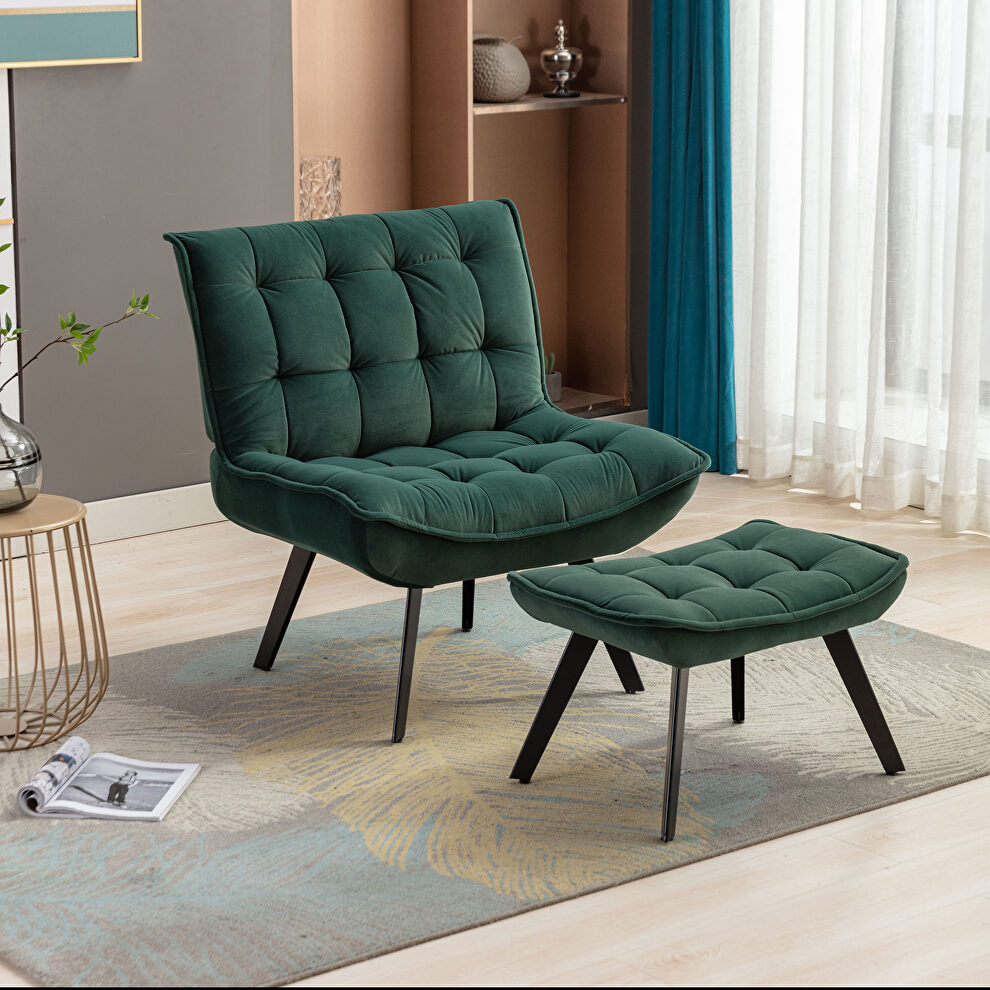 Modern soft dark green velvet fabric large accent chair with ottoman by La Spezia
