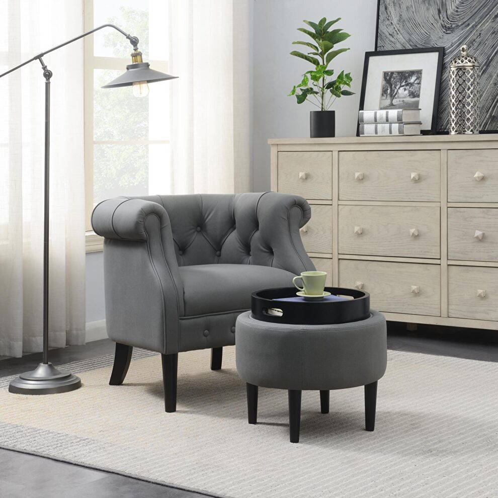 Gray fabric upholstery accent chair with storage ottoman set by La Spezia