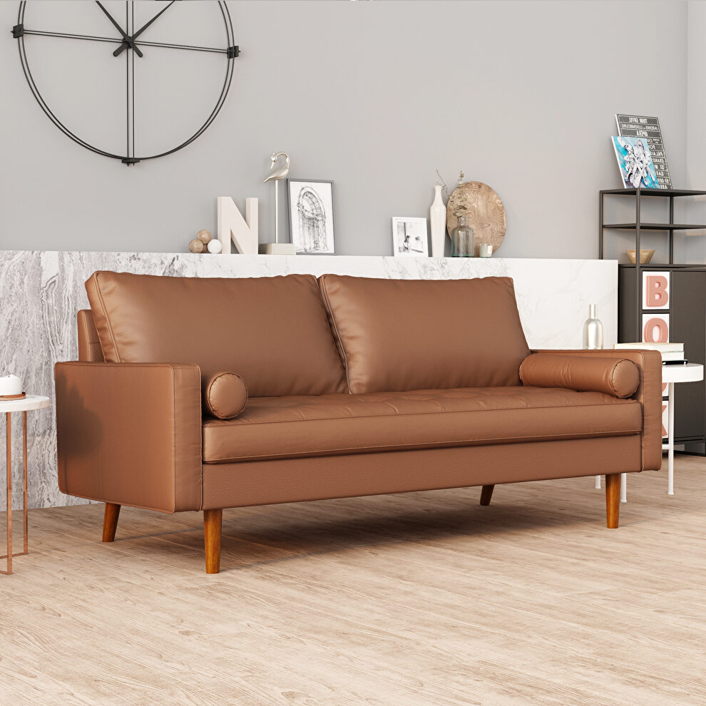 Wide square arm sofa polyvinyl chloride sofa brown with toss pillows by La Spezia