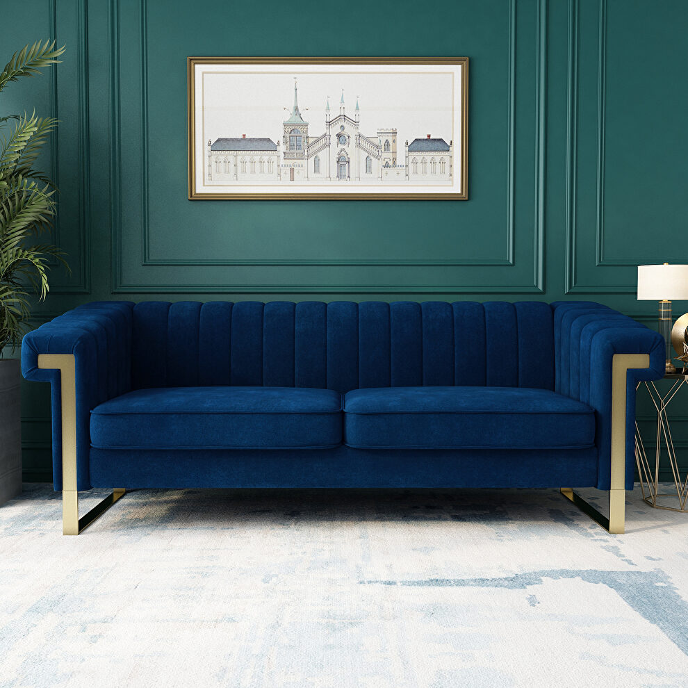 Mid-century channel tufted blue velvet sofa by La Spezia