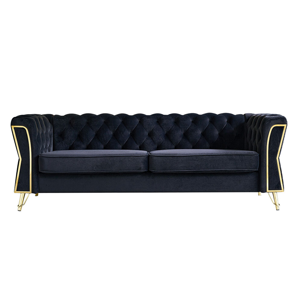 Gold trim diamond tufted pattern black velvet fabric sofa by La Spezia