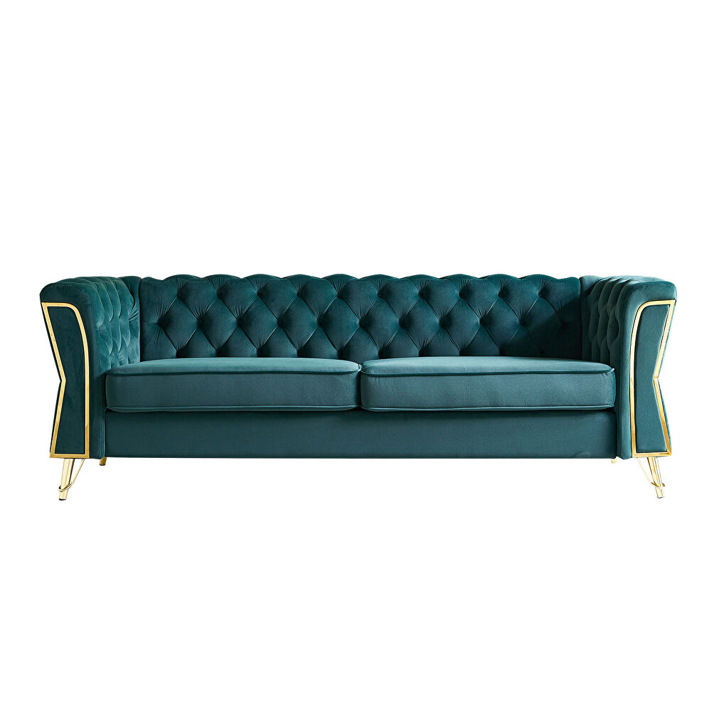 Gold trim diamond tufted pattern green velvet fabric sofa by La Spezia