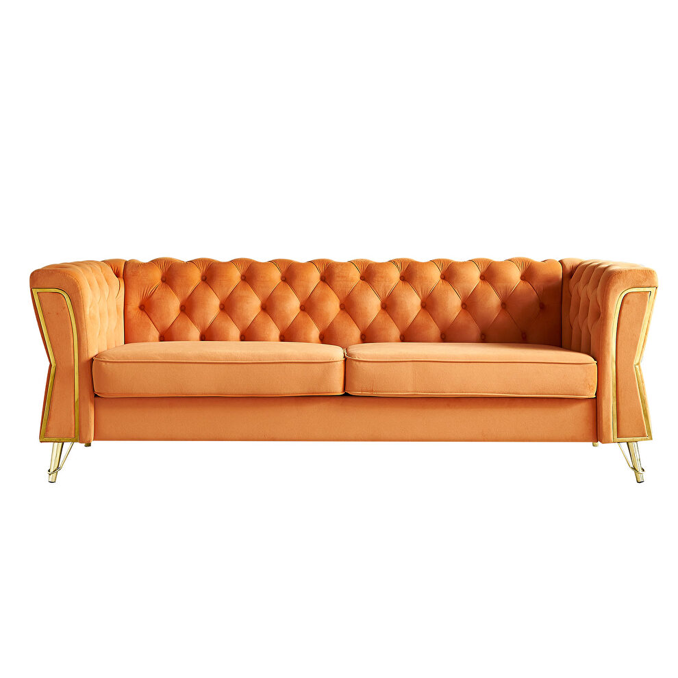 Gold trim diamond tufted pattern orange velvet fabric sofa by La Spezia