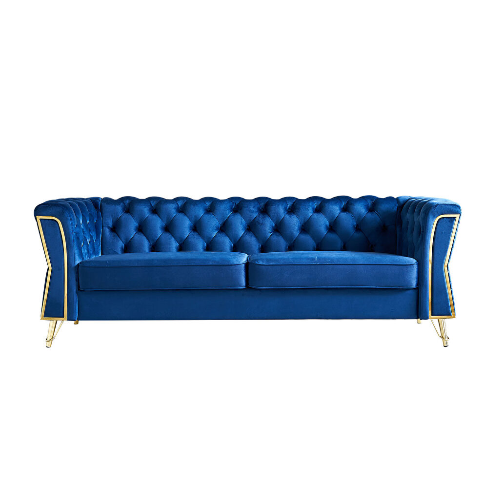 Gold trim diamond tufted pattern navy blue velvet fabric sofa by La Spezia