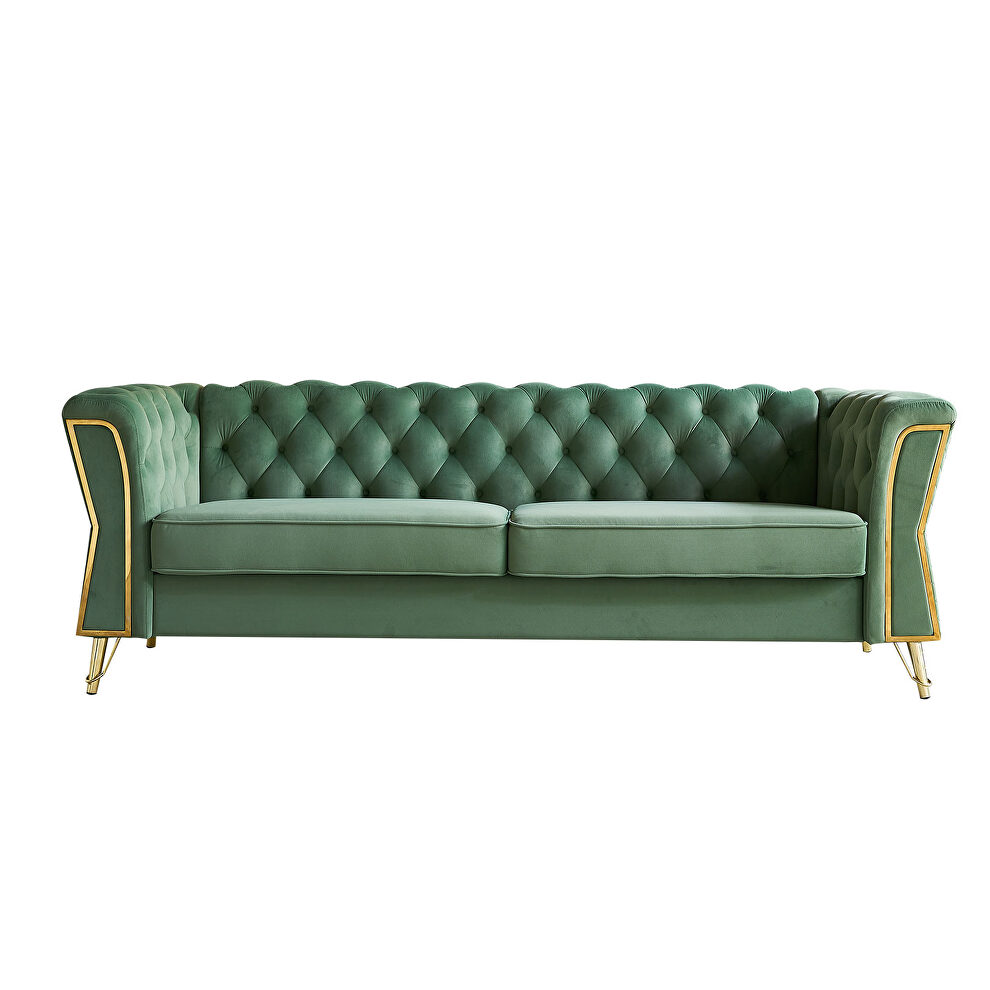 Gold trim diamond tufted pattern mint green velvet fabric sofa by La Spezia