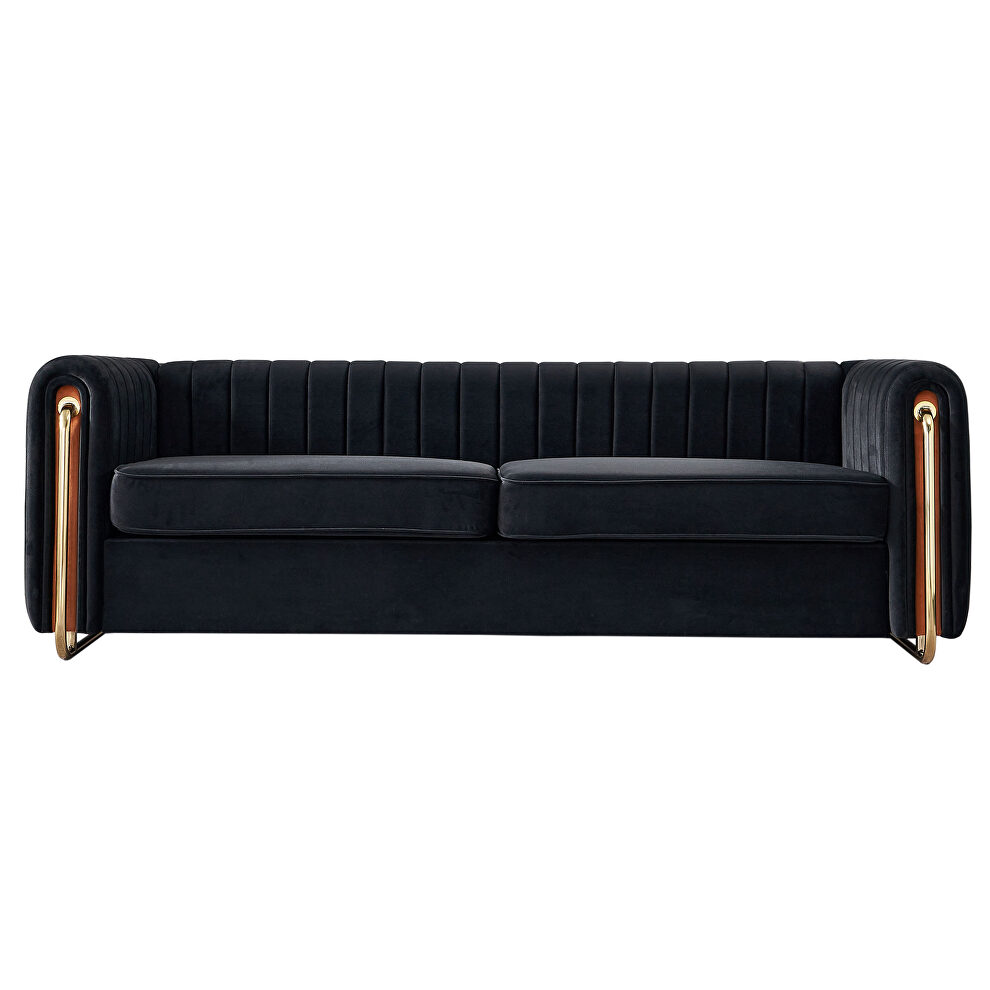 Channel tufted back black velvet fabric sofa w/ golden legs by La Spezia