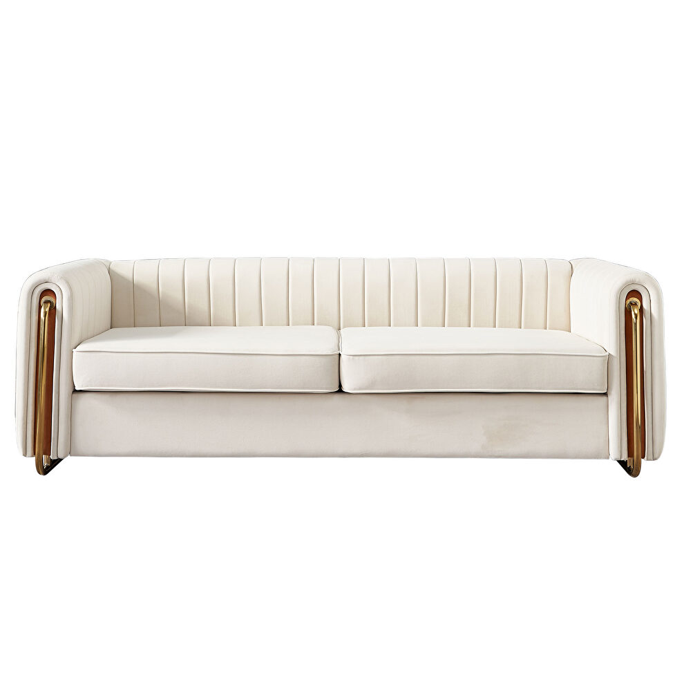 Channel tufted back beige velvet fabric sofa w/ golden legs by La Spezia