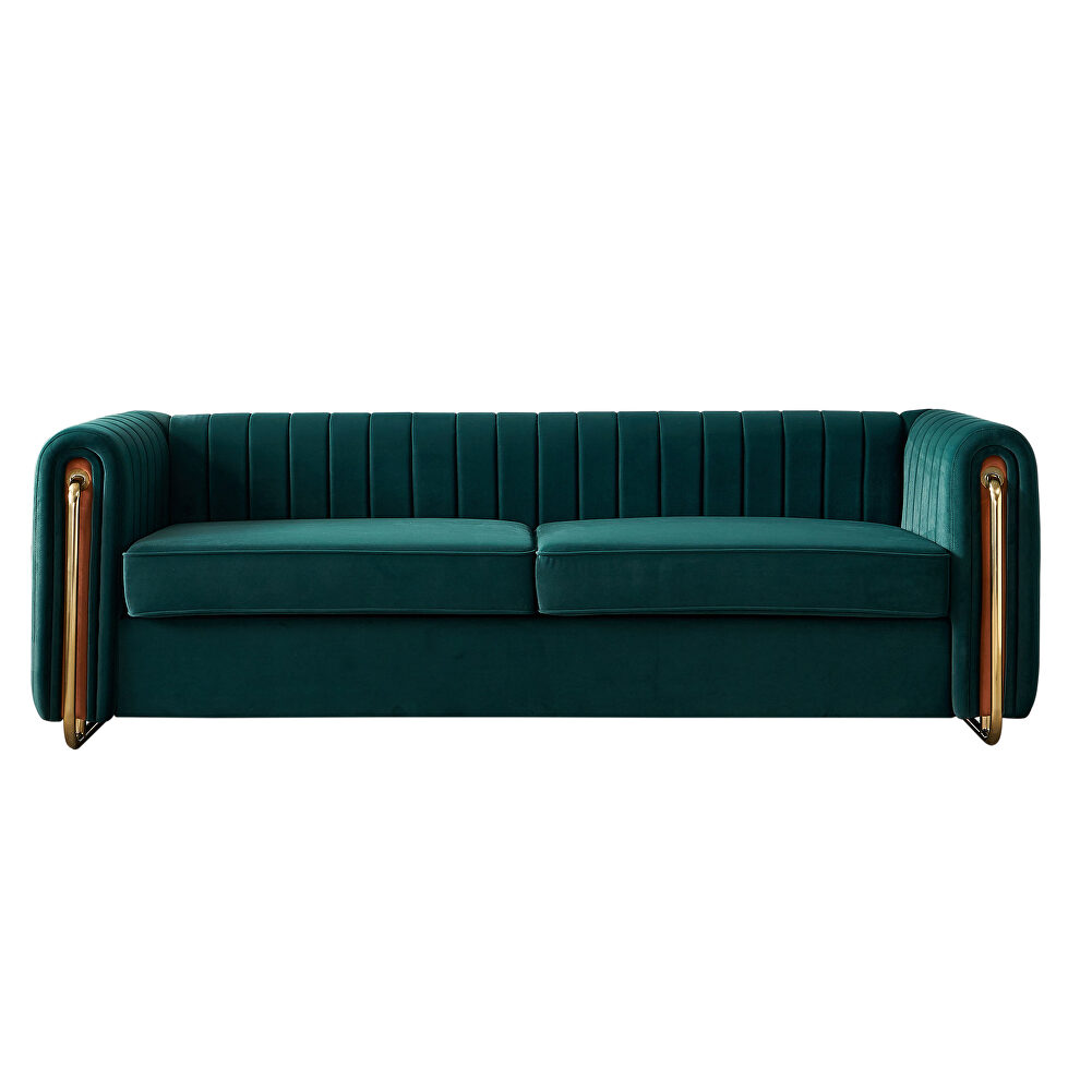 Channel tufted back green velvet fabric sofa w/ golden legs by La Spezia