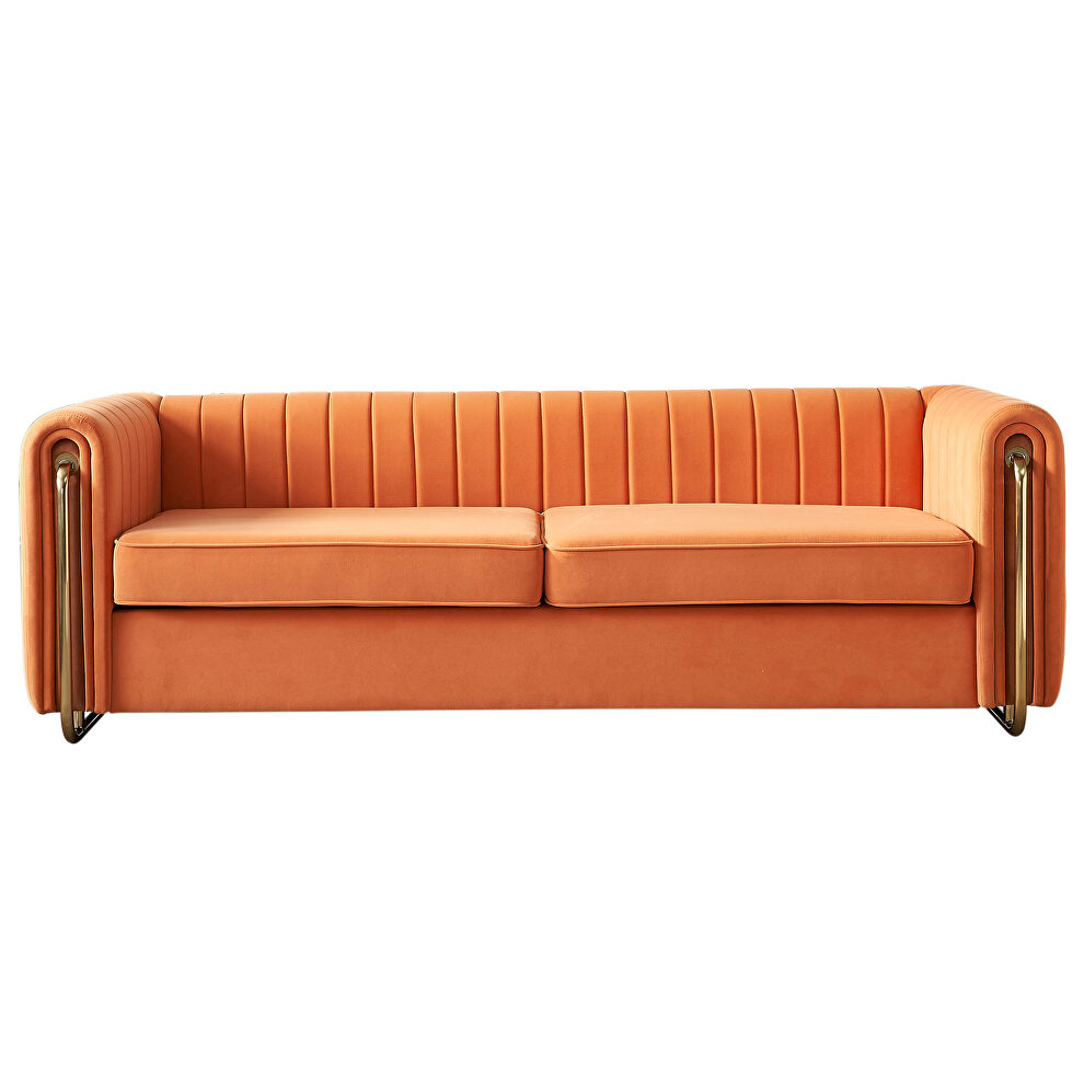 Channel tufted back orange velvet fabric sofa w/ golden legs by La Spezia