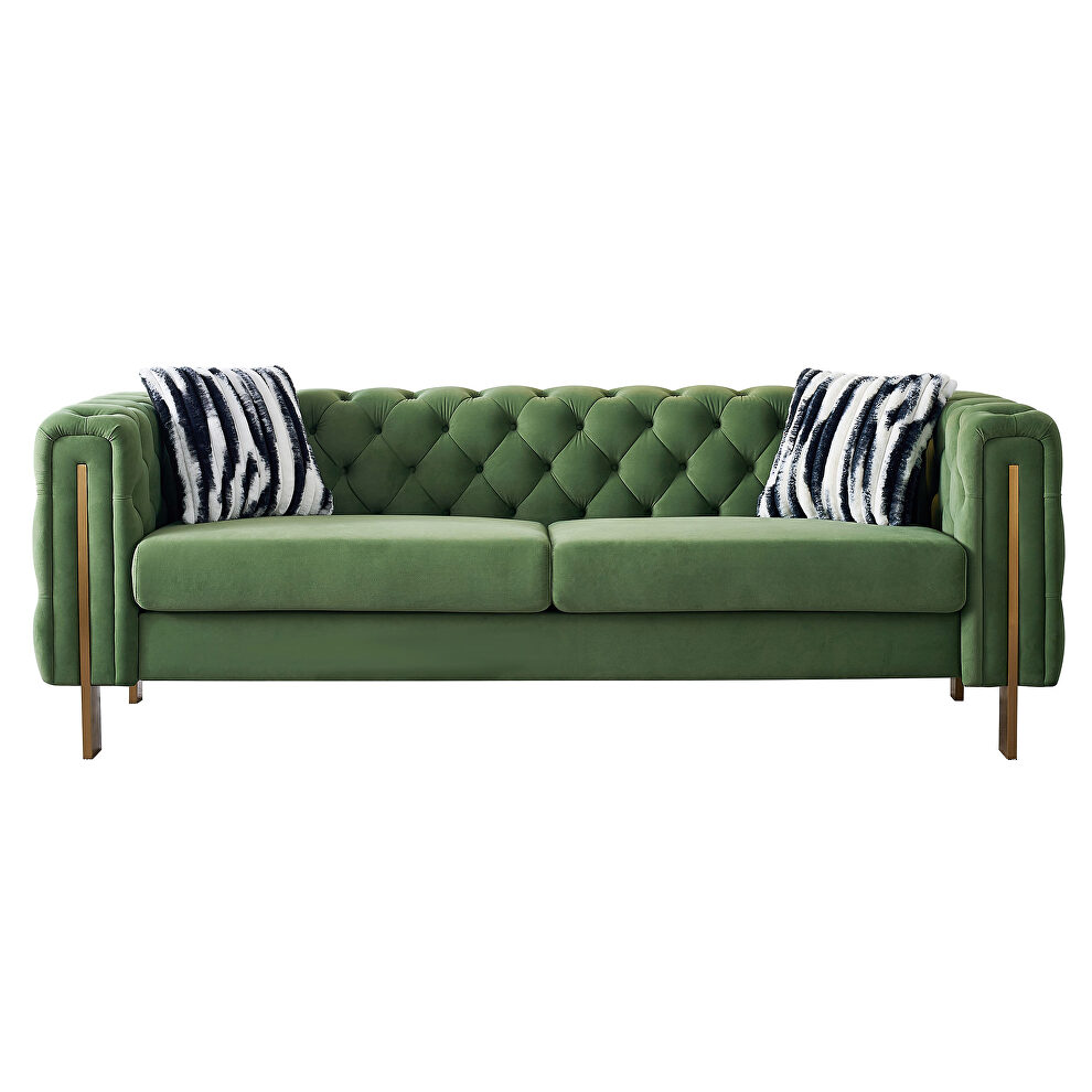 4 gold metal legs velvet tufted chesterfield style sofa in mint by La Spezia