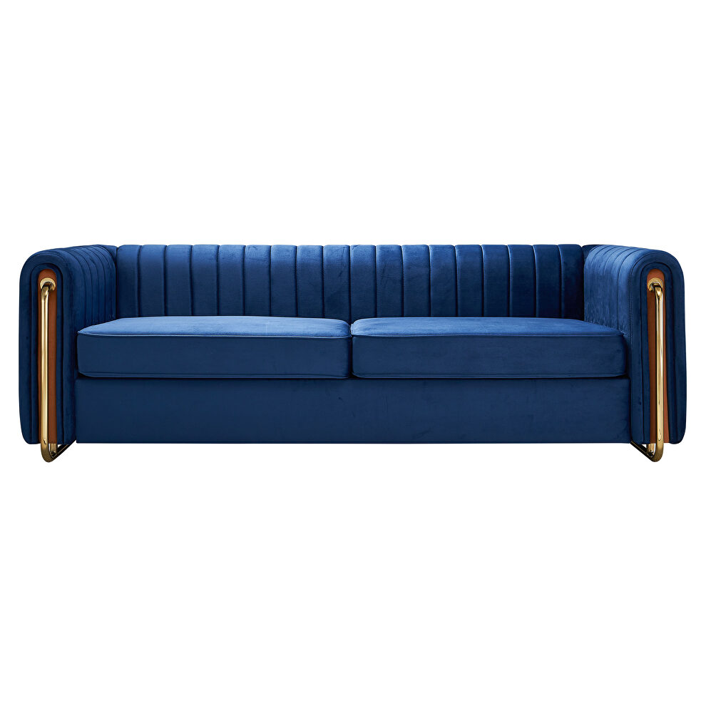 Channel tufted back navy blue velvet fabric sofa w/ golden legs by La Spezia