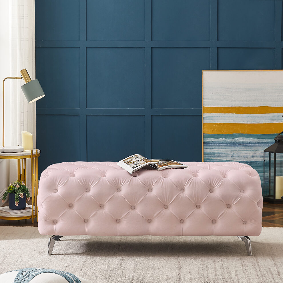 Pink velvet upholstery button tufted ottoman bench by La Spezia