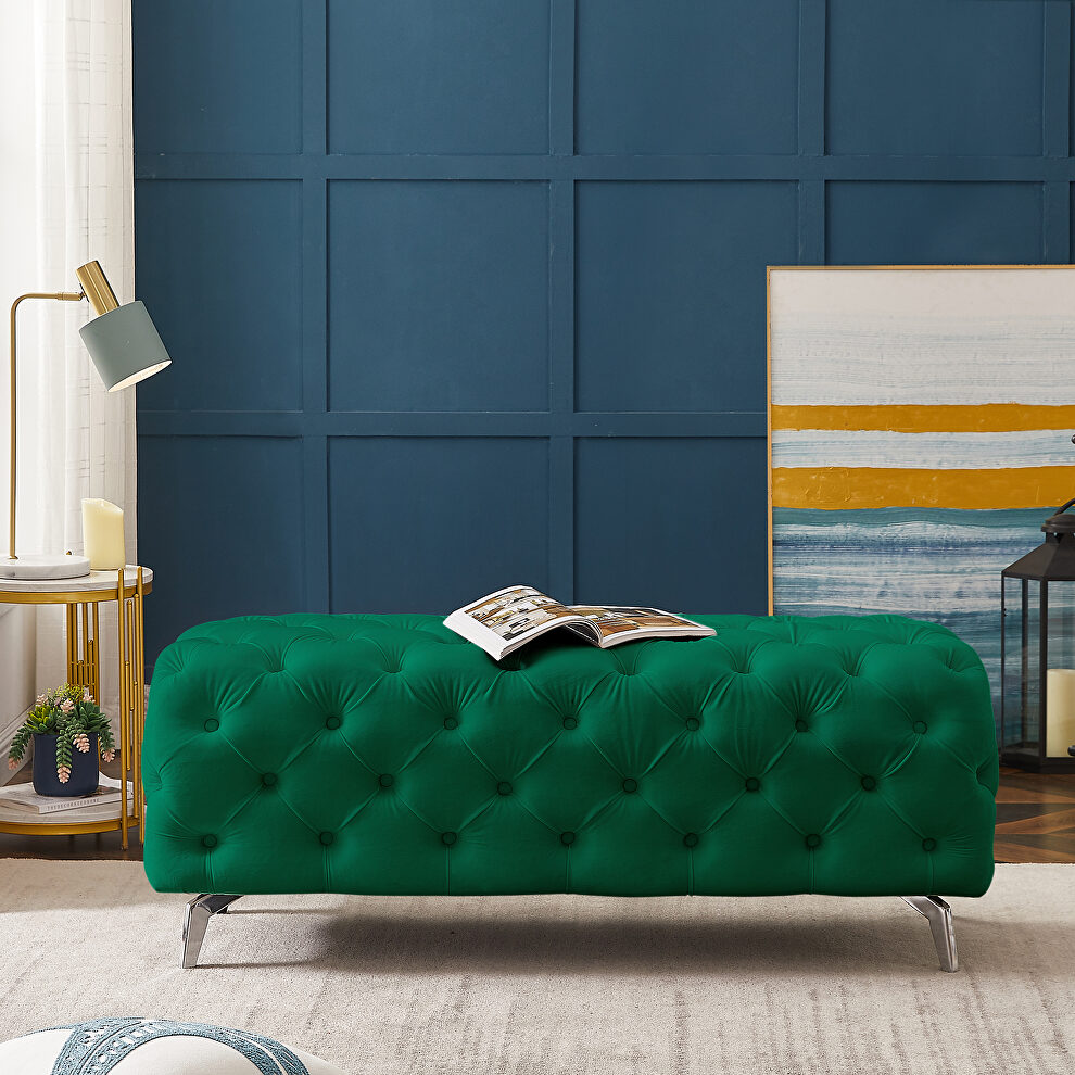 Green velvet upholstery button tufted ottoman bench by La Spezia