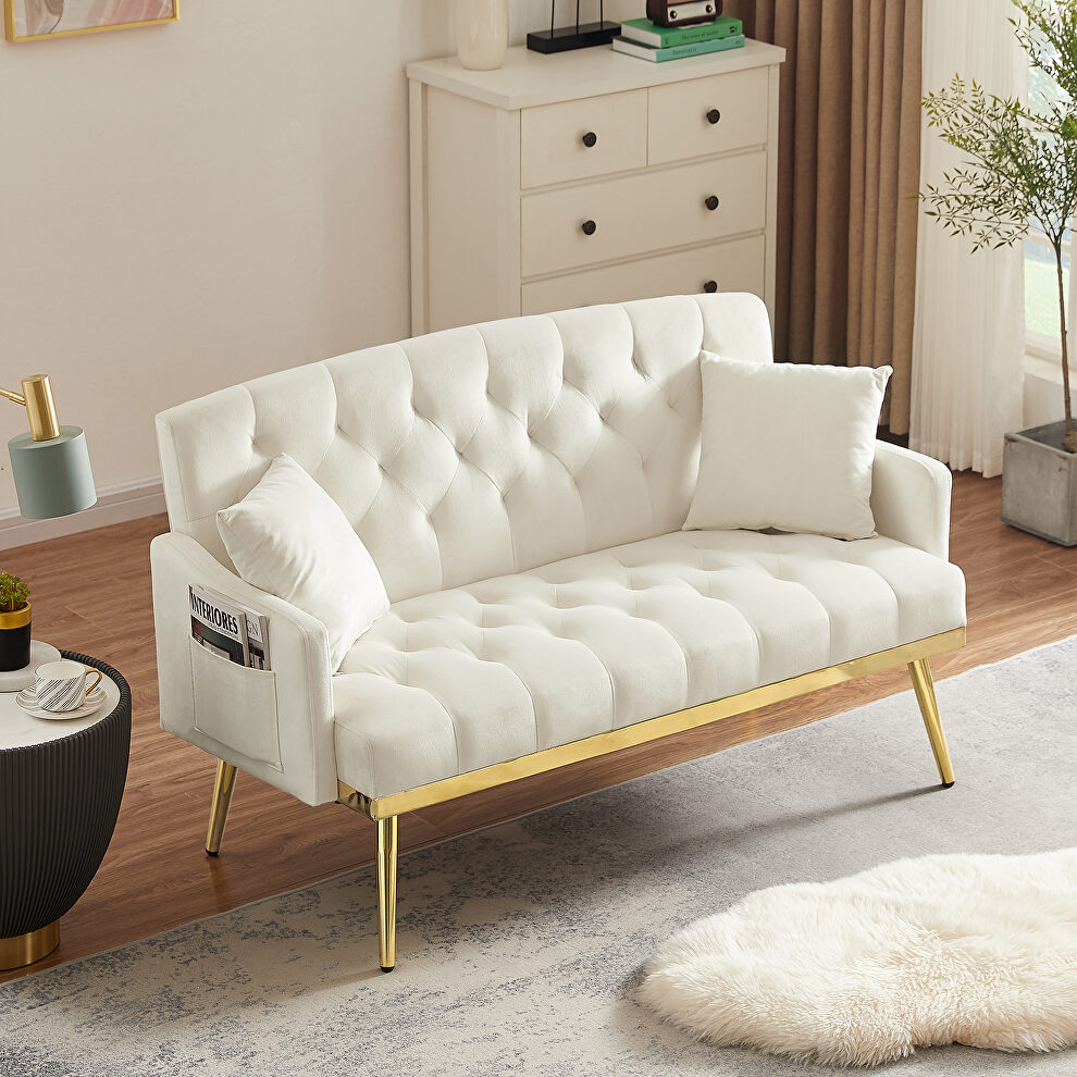 Cream white velvet 2-seater sofa with gold metal legs by La Spezia