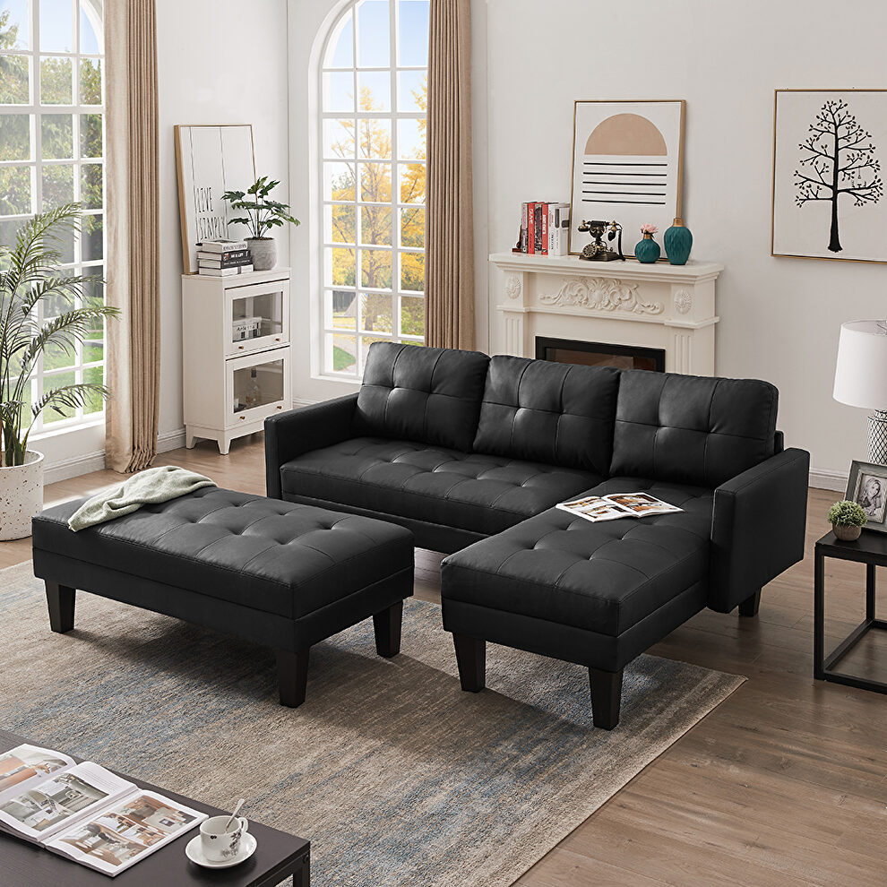 Black faux leather l-shape sectional sofa bed with ottoman bench by La Spezia