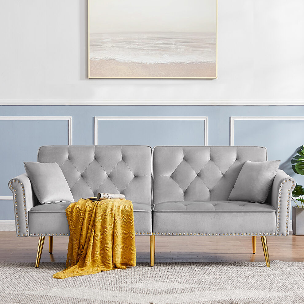 Light gray velvet tufted nailhead trim futon sofa bed with metal legs by La Spezia