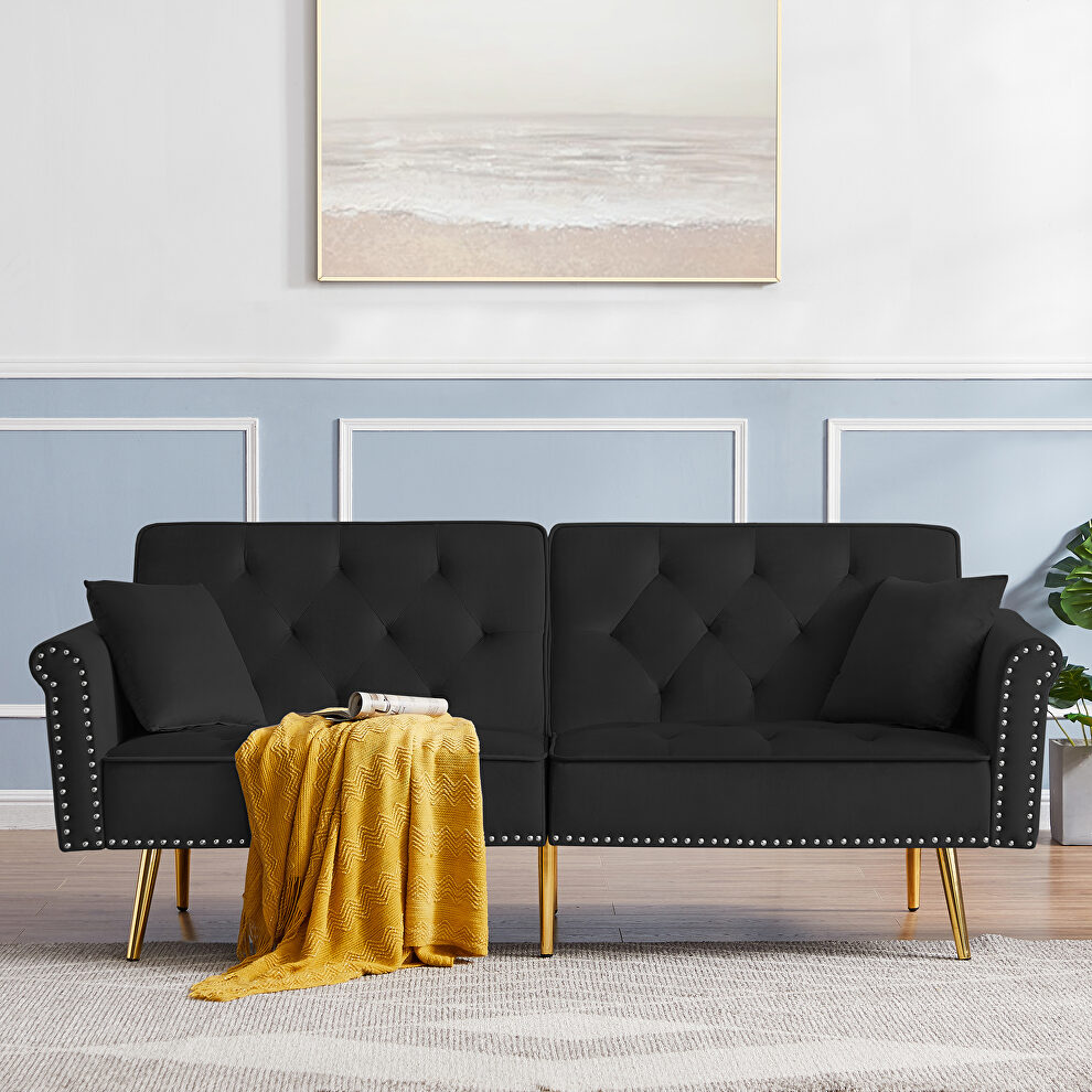 Black velvet tufted nailhead trim futon sofa bed with metal legs by La Spezia