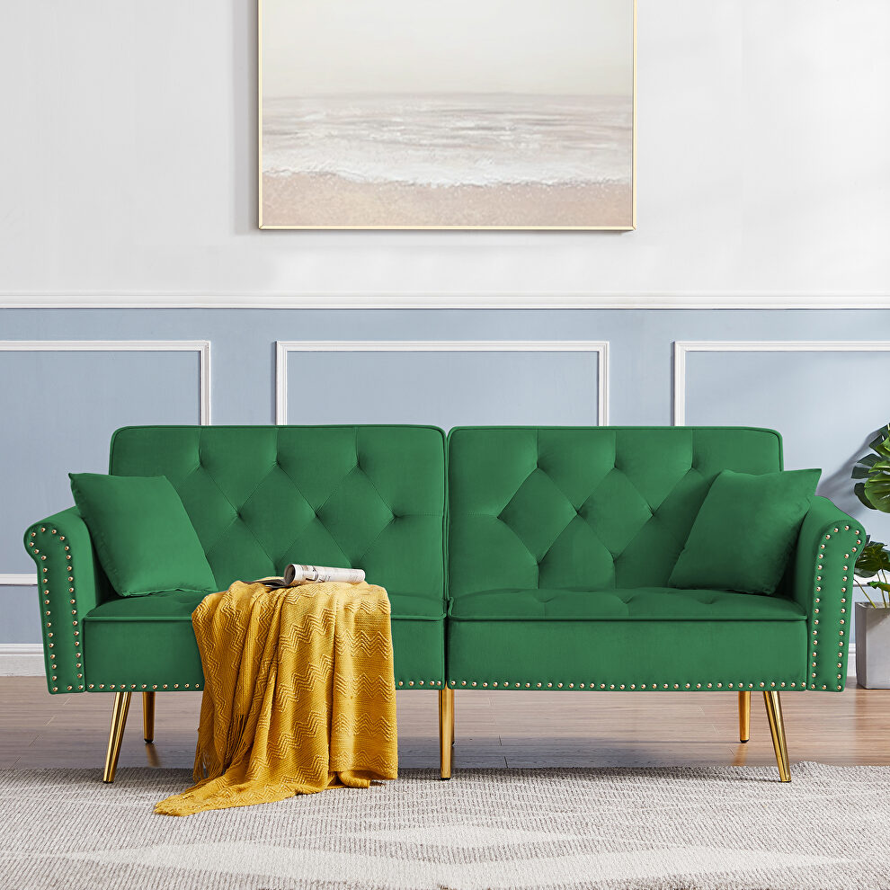 Green velvet tufted nailhead trim futon sofa bed with metal legs by La Spezia