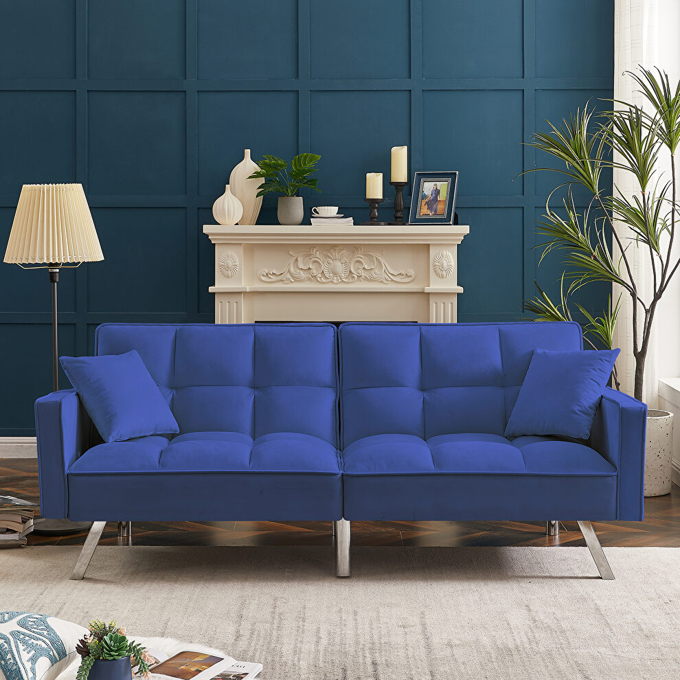 Modern velvet sofa couch bed with armrests and 2 pillows in blue by La Spezia
