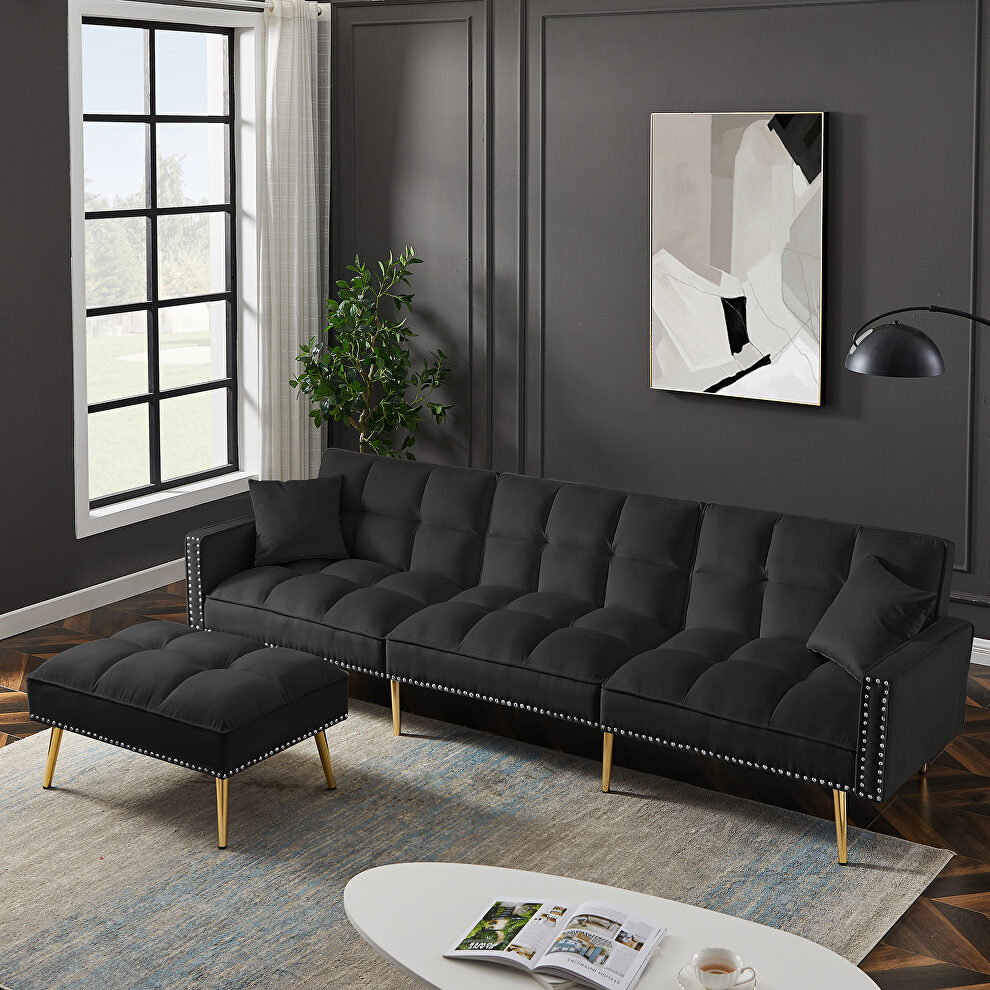 Black velvet upholstered reversible sectional sofa bed by La Spezia