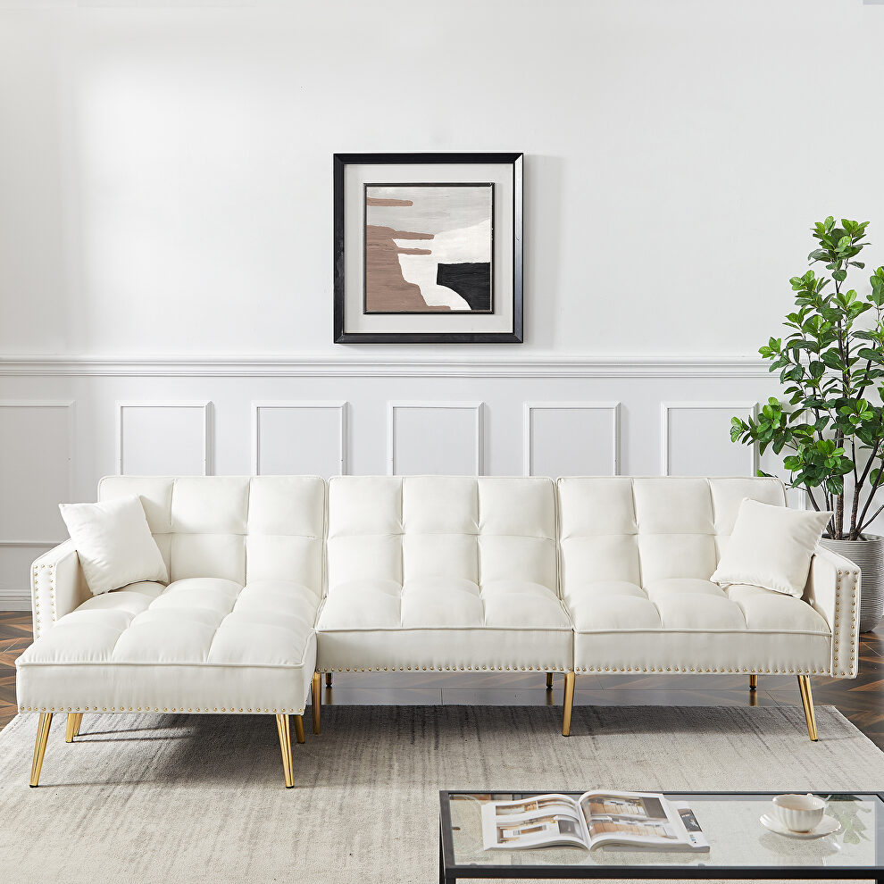 Cream white velvet upholstered reversible sectional sofa bed by La Spezia