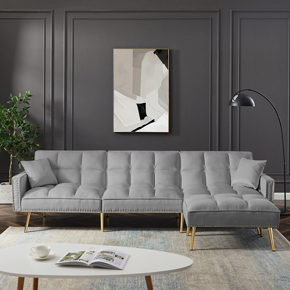 Gray velvet upholstered reversible sectional sofa bed by La Spezia