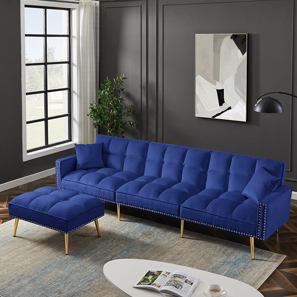 Blue velvet upholstered reversible sectional sofa bed by La Spezia