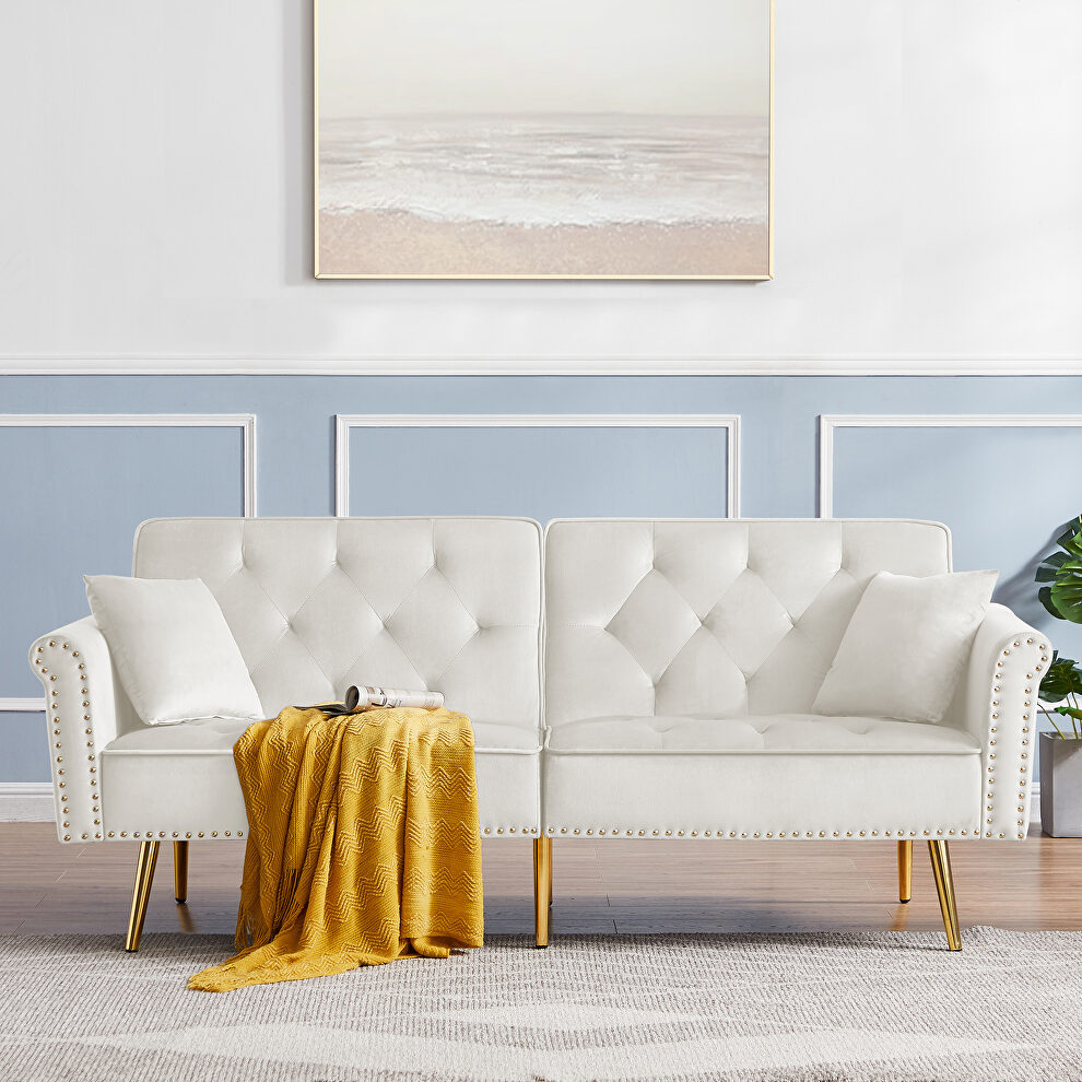 Off white velvet tufted nailhead trim futon sofa bed with metal legs by La Spezia