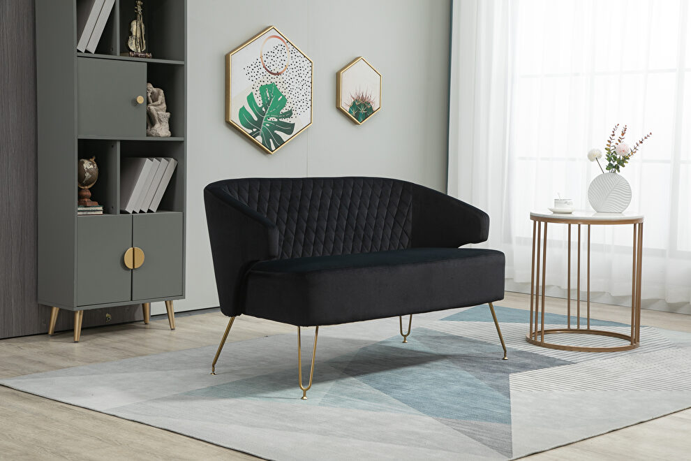 Black fabric tufted backrest accent loveseat with golden metal legs by La Spezia