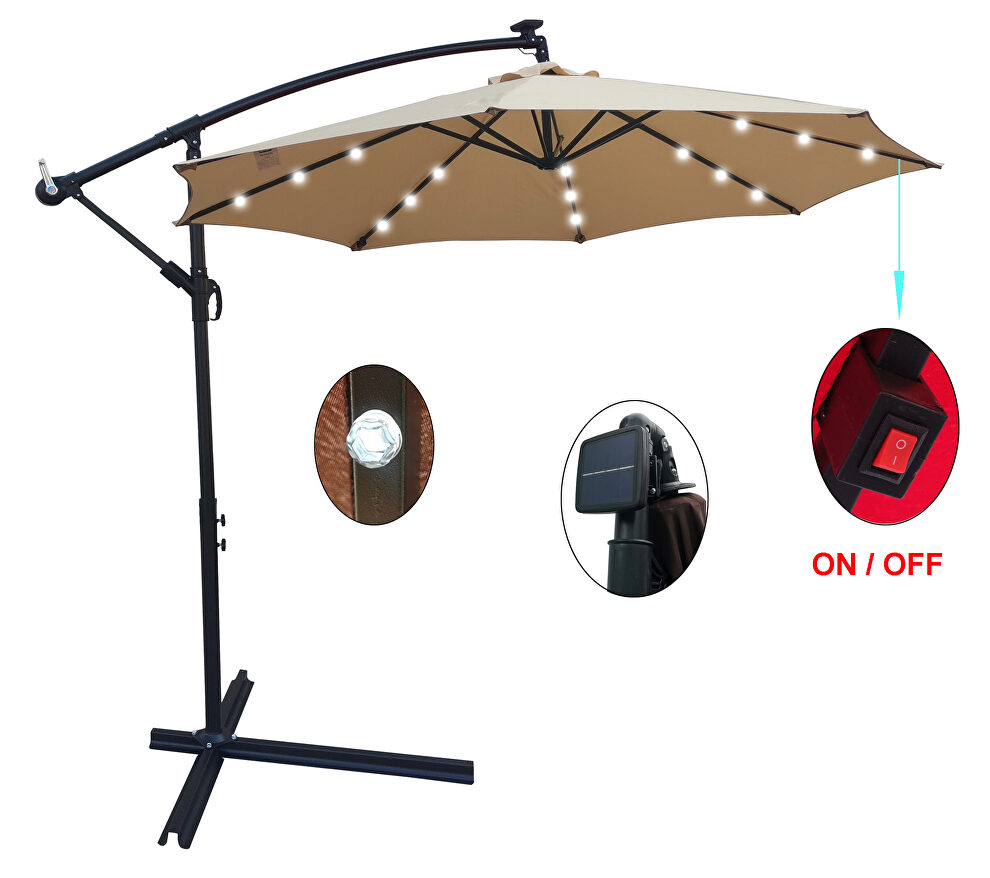 Tan 10 ft outdoor patio umbrella solar powered led lighted sun shade market waterproof 8 ribs umbrella by La Spezia