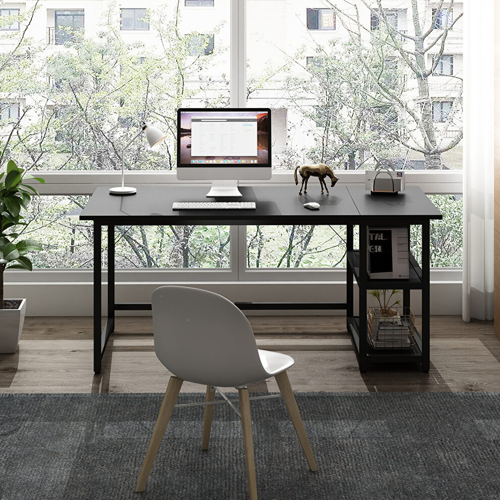 Black modern splice board style home office computer desk with wooden storage shelves by La Spezia