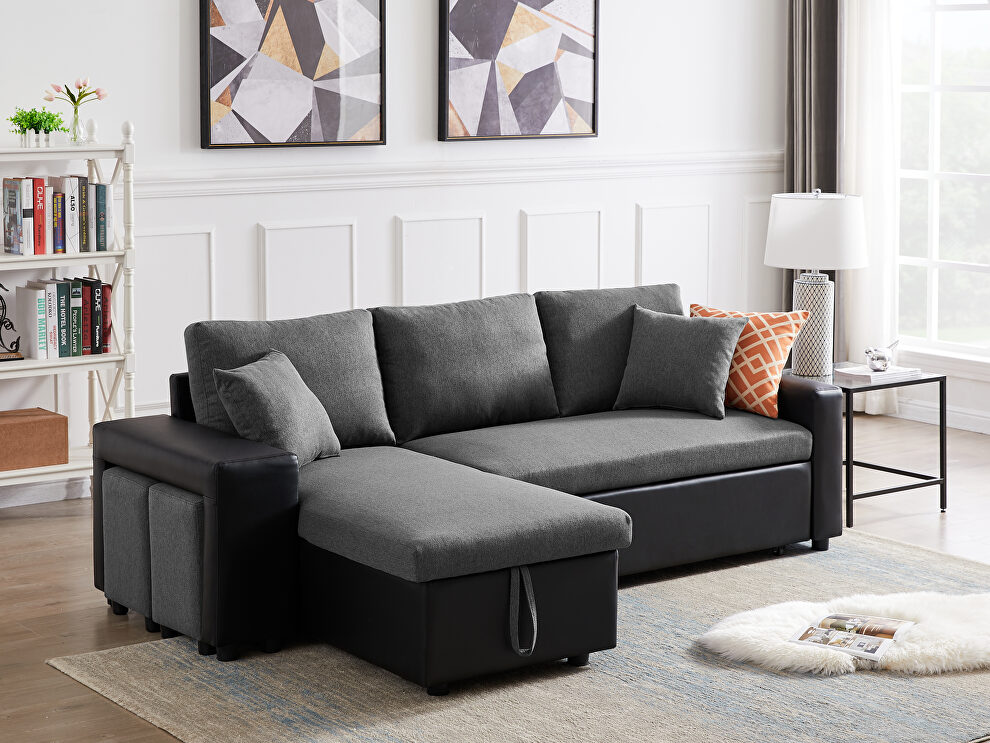 Linen reversible sleeper sectional sofa with storage and 2 stools steel gray by La Spezia