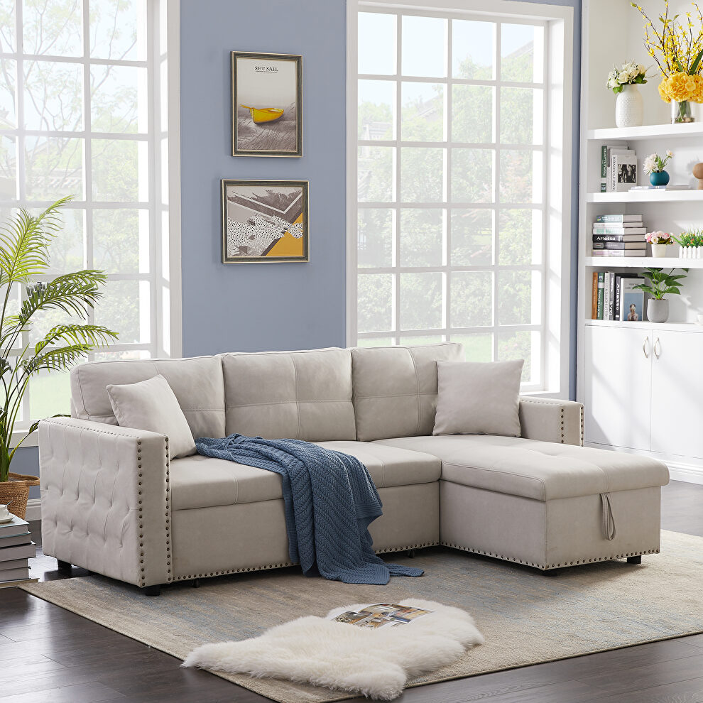 Beige leathaire reversible sleeper sectional sofa with storage by La Spezia