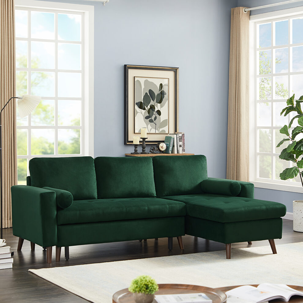 Green velvet reversible sleeper sectional sofa with storage chaise by La Spezia