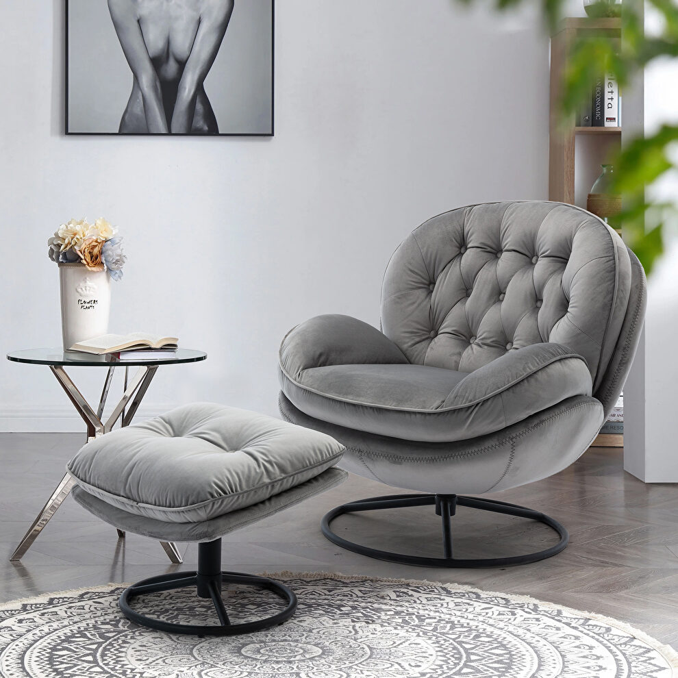 Gray soft velvet fabric accent chair with ottoman by La Spezia
