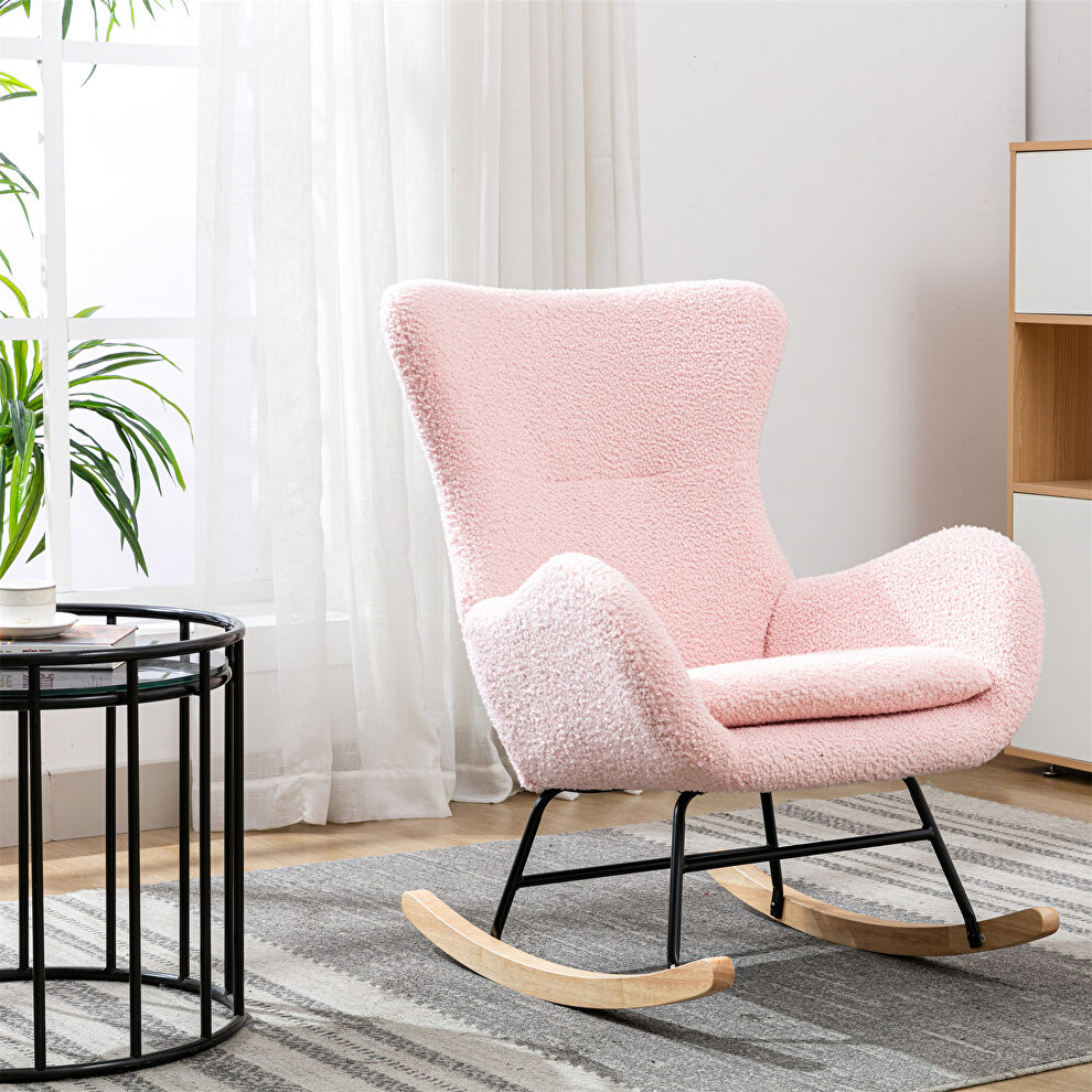 Pink teddy fabric padded seat rocking chair with high backrest and armrests by La Spezia