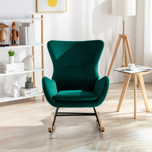 Green velvet fabric padded seat rocking chair with high backrest and armrests by La Spezia