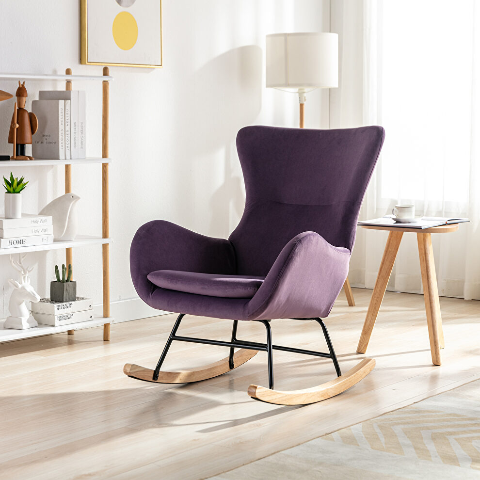 Purple velvet fabric padded seat rocking chair with high backrest and armrests by La Spezia
