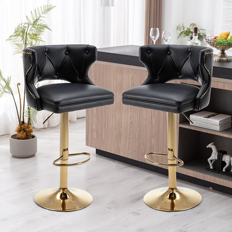 Black leather back and golden footrest counter height dining chairs, 2pcs set by La Spezia