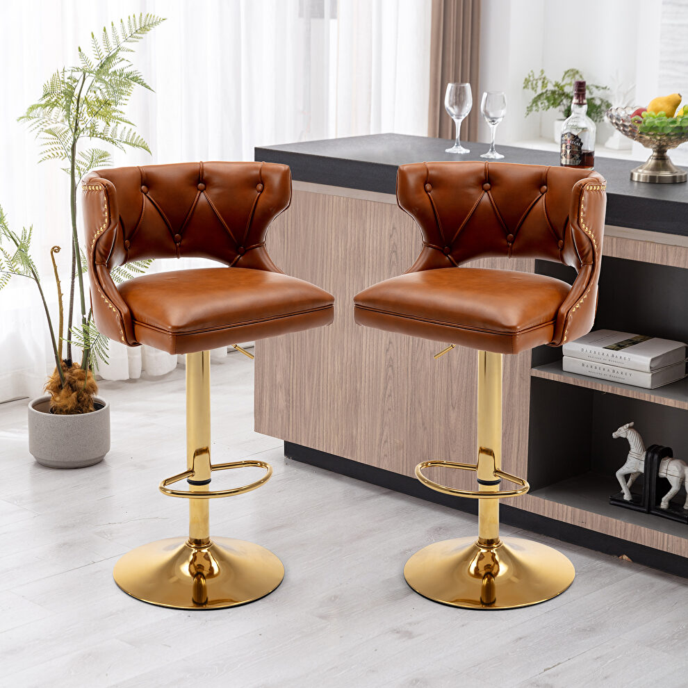 Brown leather back and golden footrest counter height dining chairs, 2pcs set by La Spezia