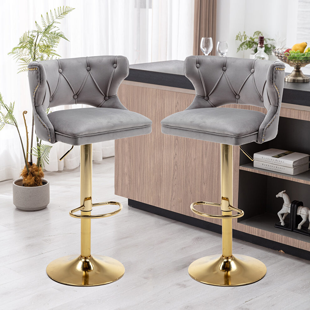 Gray velvet back and golden footrest counter height dining chairs, 2pcs set by La Spezia