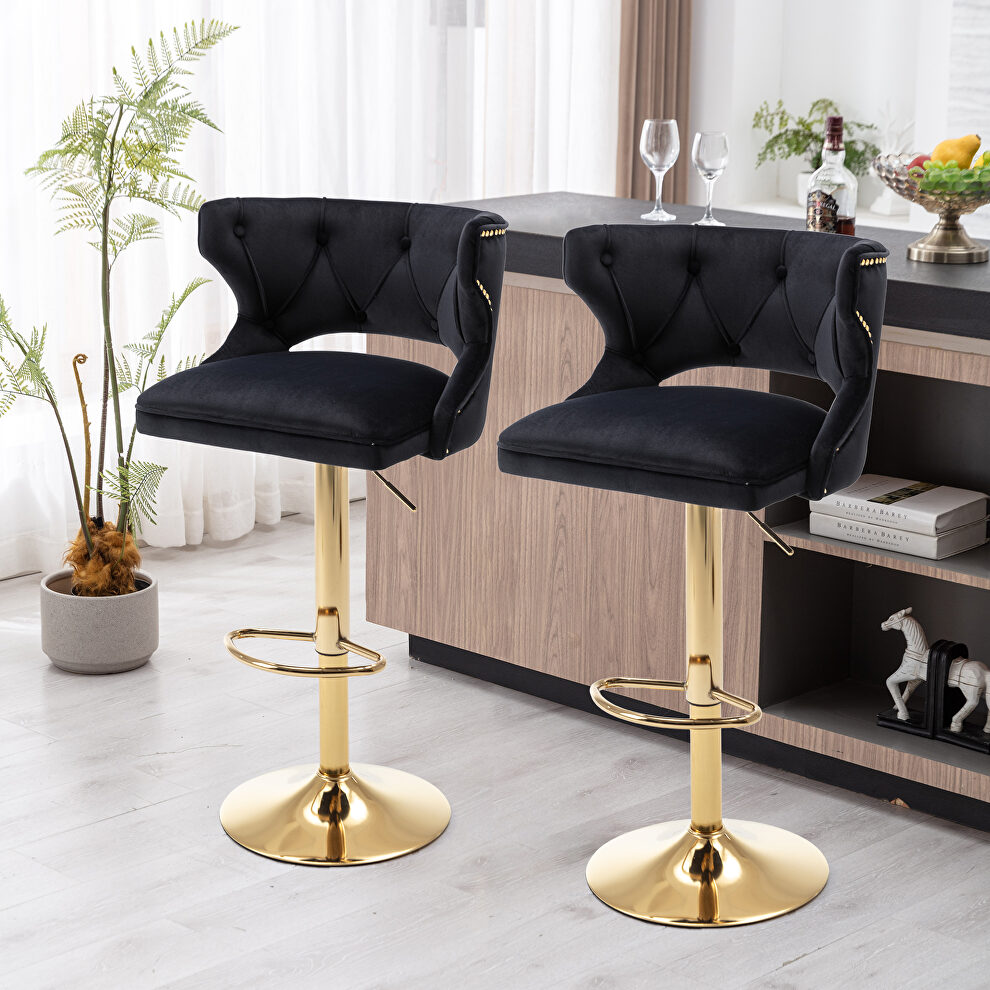 Black velvet back and golden footrest counter height dining chairs, 2pcs set by La Spezia